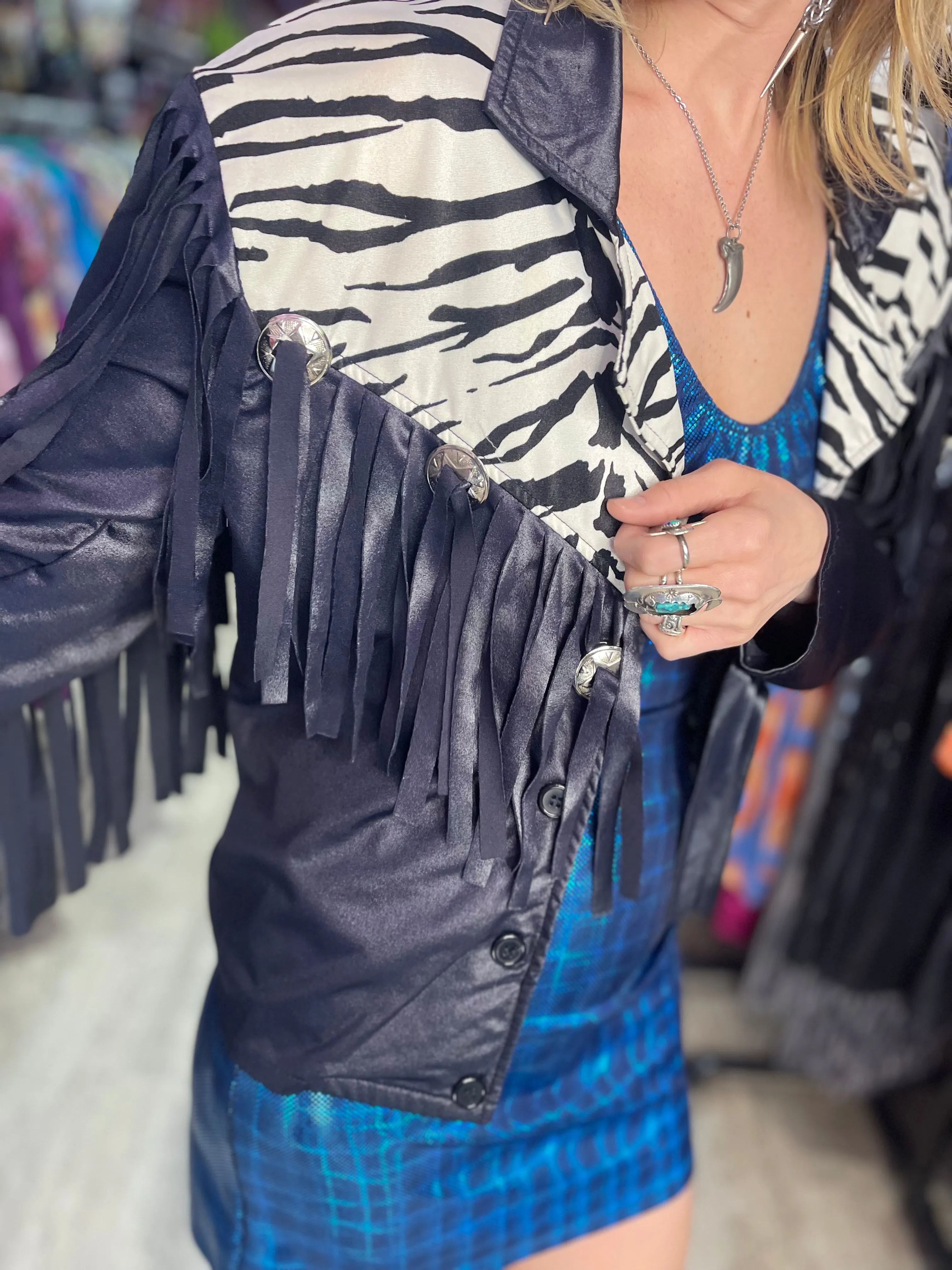 Vintage 80s Zebra Fringe Shiny Jacket